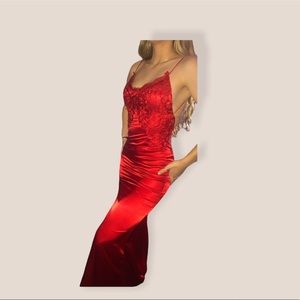 Gorgeous Red Satin Prom Dress with Low back and beading